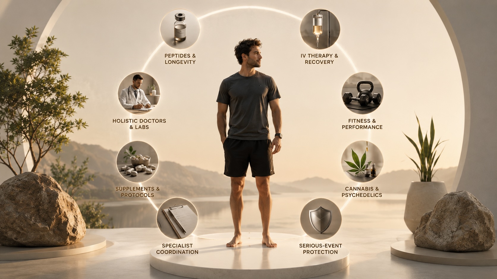Gabriel Care covered categories including peptides, IV therapy, holistic doctors, supplements, cannabis, fitness, specialist coordination, and serious-event protection