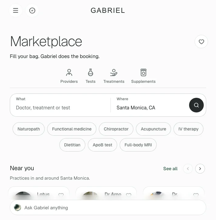 Gabriel&rsquo;s Marketplace inside ChatGPT: providers, tests, treatments and supplements near Santa Monica