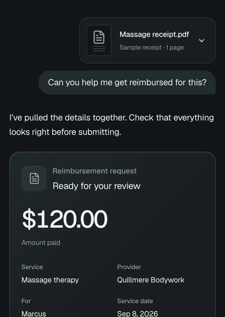 A $120 massage receipt turned into a reimbursement request in the Gabriel app