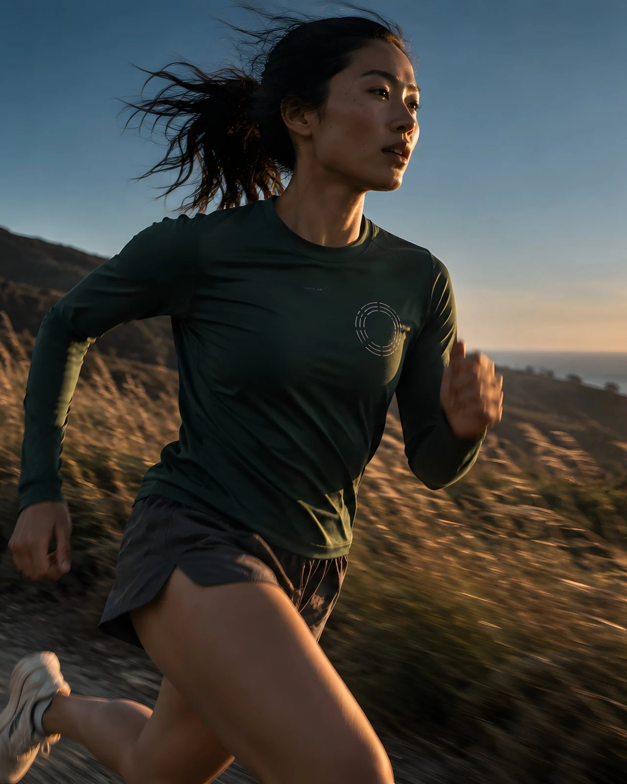 A woman running a coastal trail at sunset